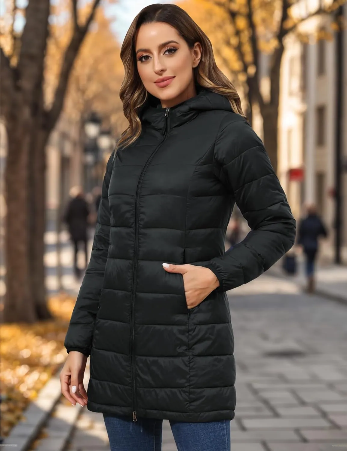 ROYAL MATRIX Women's Packable Puffer Coat, Regular and Plus Size Lightweight Puffer Coat Long Puffer Coat with Hood