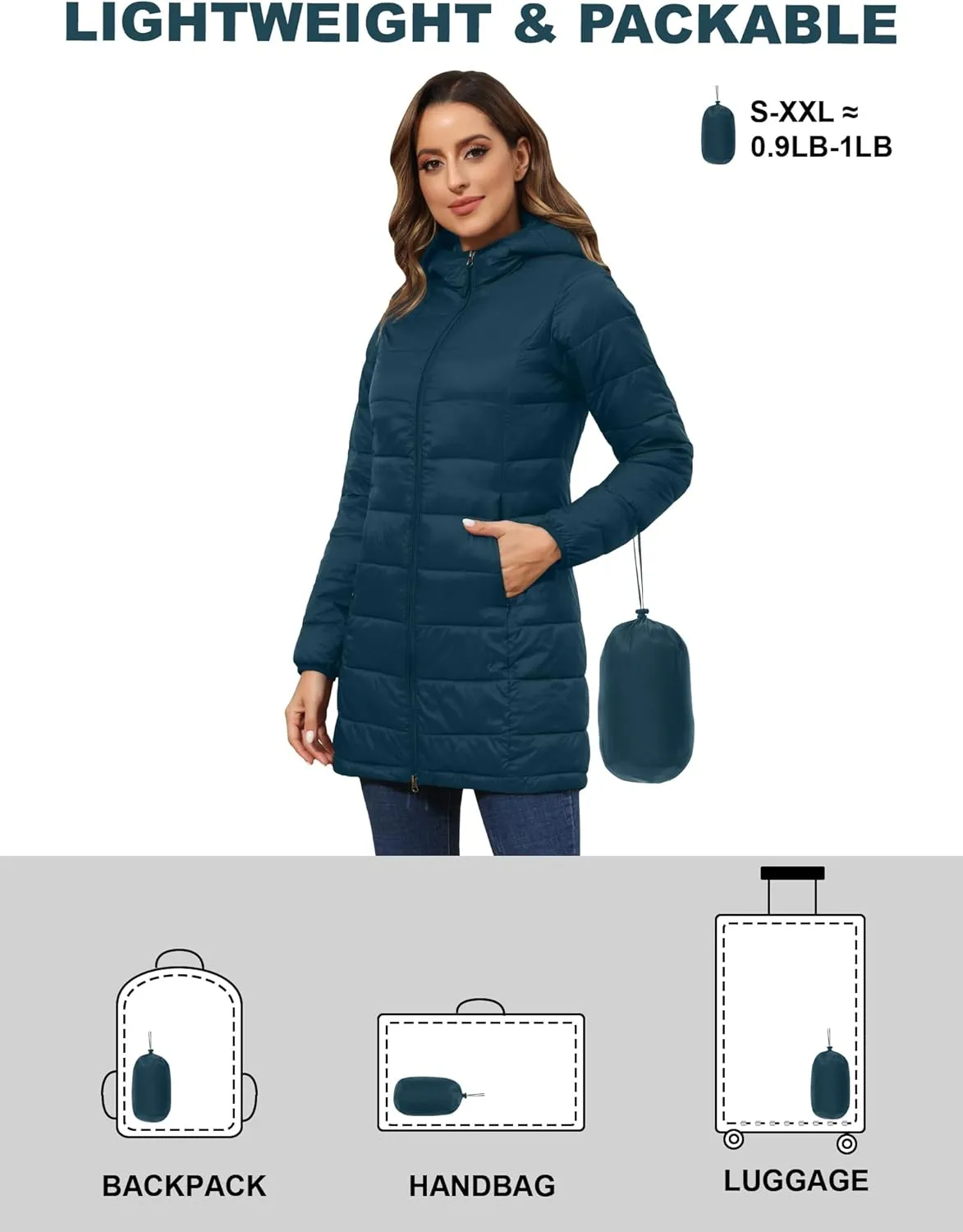ROYAL MATRIX Women's Packable Puffer Coat, Regular and Plus Size Lightweight Puffer Coat Long Puffer Coat with Hood