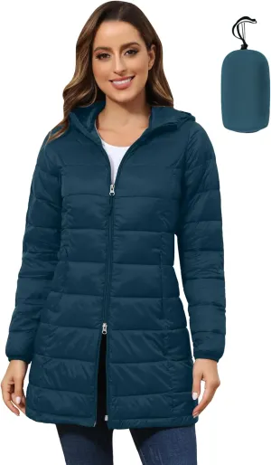 ROYAL MATRIX Women's Packable Puffer Coat, Regular and Plus Size Lightweight Puffer Coat Long Puffer Coat with Hood
