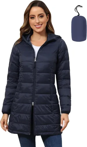 ROYAL MATRIX Women's Packable Puffer Coat, Regular and Plus Size Lightweight Puffer Coat Long Puffer Coat with Hood