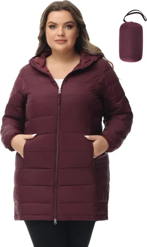 ROYAL MATRIX Women's Plus Size Puffer Jacket Packable Lightweight Hooded Quilted Spring Fall Long Puffer Coat