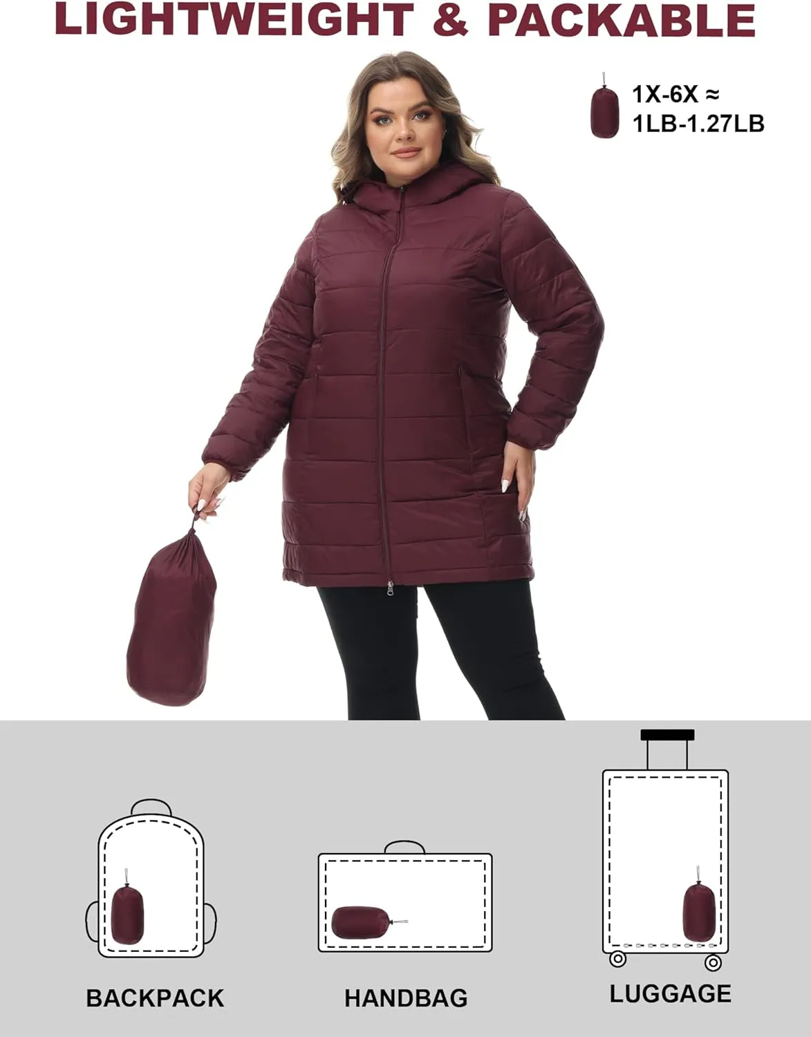 ROYAL MATRIX Women's Plus Size Puffer Jacket Packable Lightweight Hooded Quilted Spring Fall Long Puffer Coat