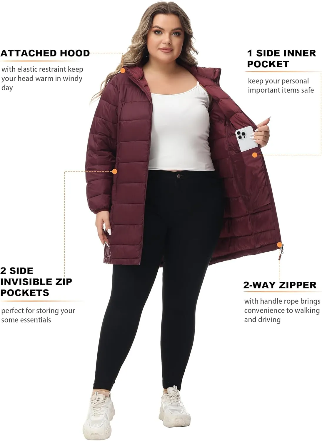 ROYAL MATRIX Women's Plus Size Puffer Jacket Packable Lightweight Hooded Quilted Spring Fall Long Puffer Coat