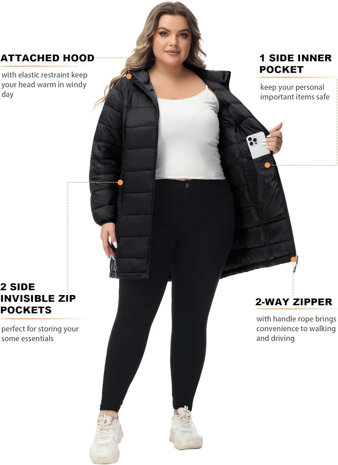 ROYAL MATRIX Women's Plus Size Puffer Jacket Packable Lightweight Hooded Quilted Spring Fall Long Puffer Coat