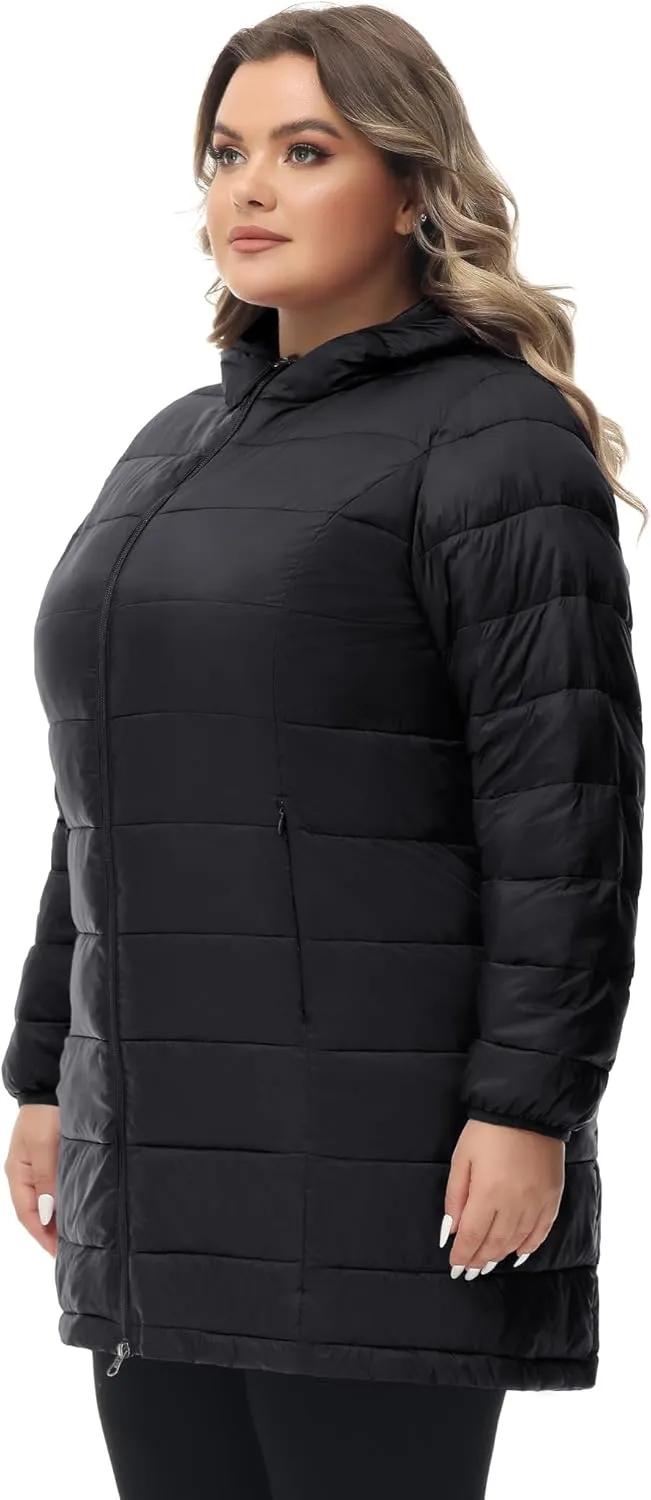 ROYAL MATRIX Women's Plus Size Puffer Jacket Packable Lightweight Hooded Quilted Spring Fall Long Puffer Coat