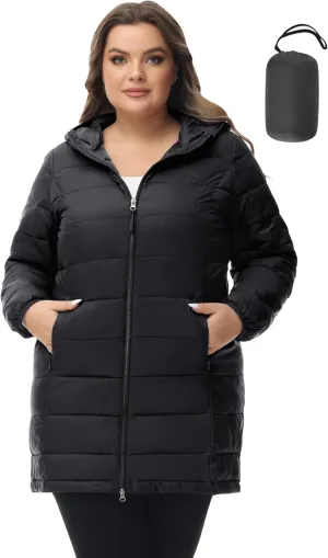 ROYAL MATRIX Women's Plus Size Puffer Jacket Packable Lightweight Hooded Quilted Spring Fall Long Puffer Coat