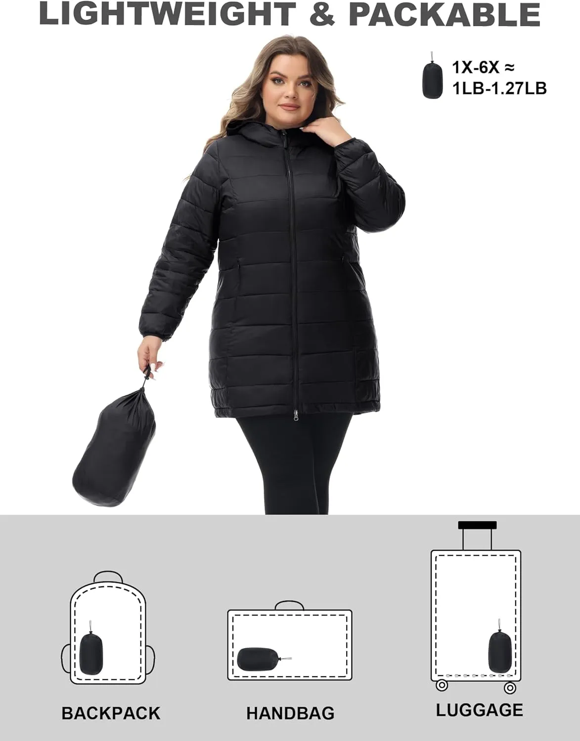 ROYAL MATRIX Women's Plus Size Puffer Jacket Packable Lightweight Hooded Quilted Spring Fall Long Puffer Coat