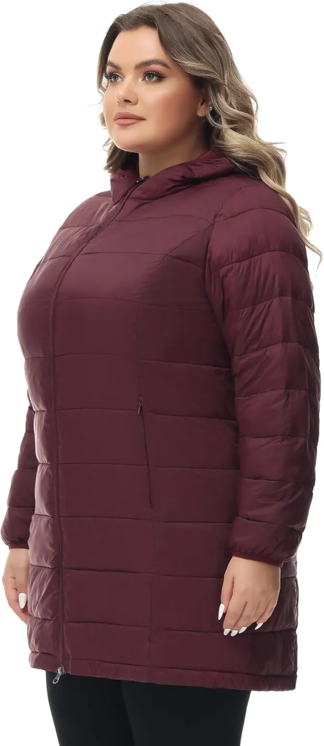 ROYAL MATRIX Women's Plus Size Puffer Jacket Packable Lightweight Hooded Quilted Spring Fall Long Puffer Coat