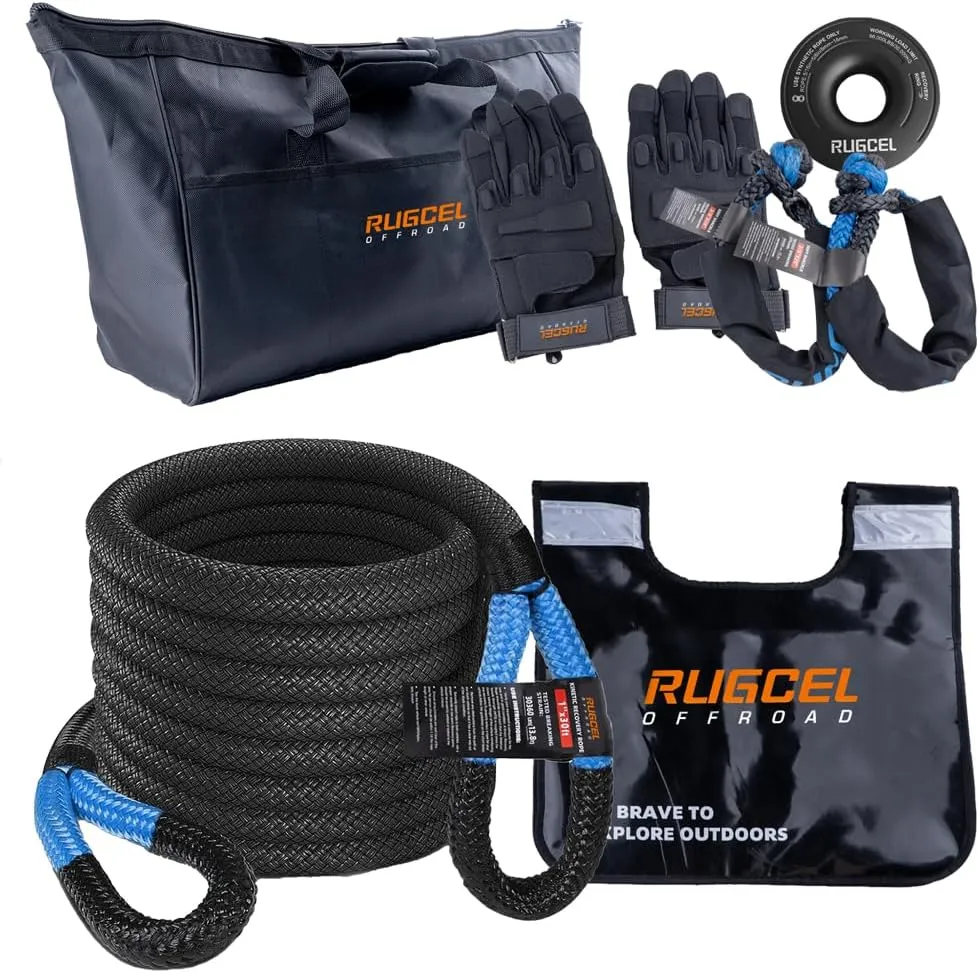 RUGCEL Kinetic Recovery Rope kit (30,360 lbs) Heavy-Duty Gloves, Soft Shackle, Snatch Block, Suitable for ATV, UTV Trucks,Car