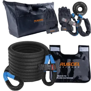 RUGCEL Kinetic Recovery Rope kit (30,360 lbs) Heavy-Duty Gloves, Soft Shackle, Snatch Block, Suitable for ATV, UTV Trucks,Car