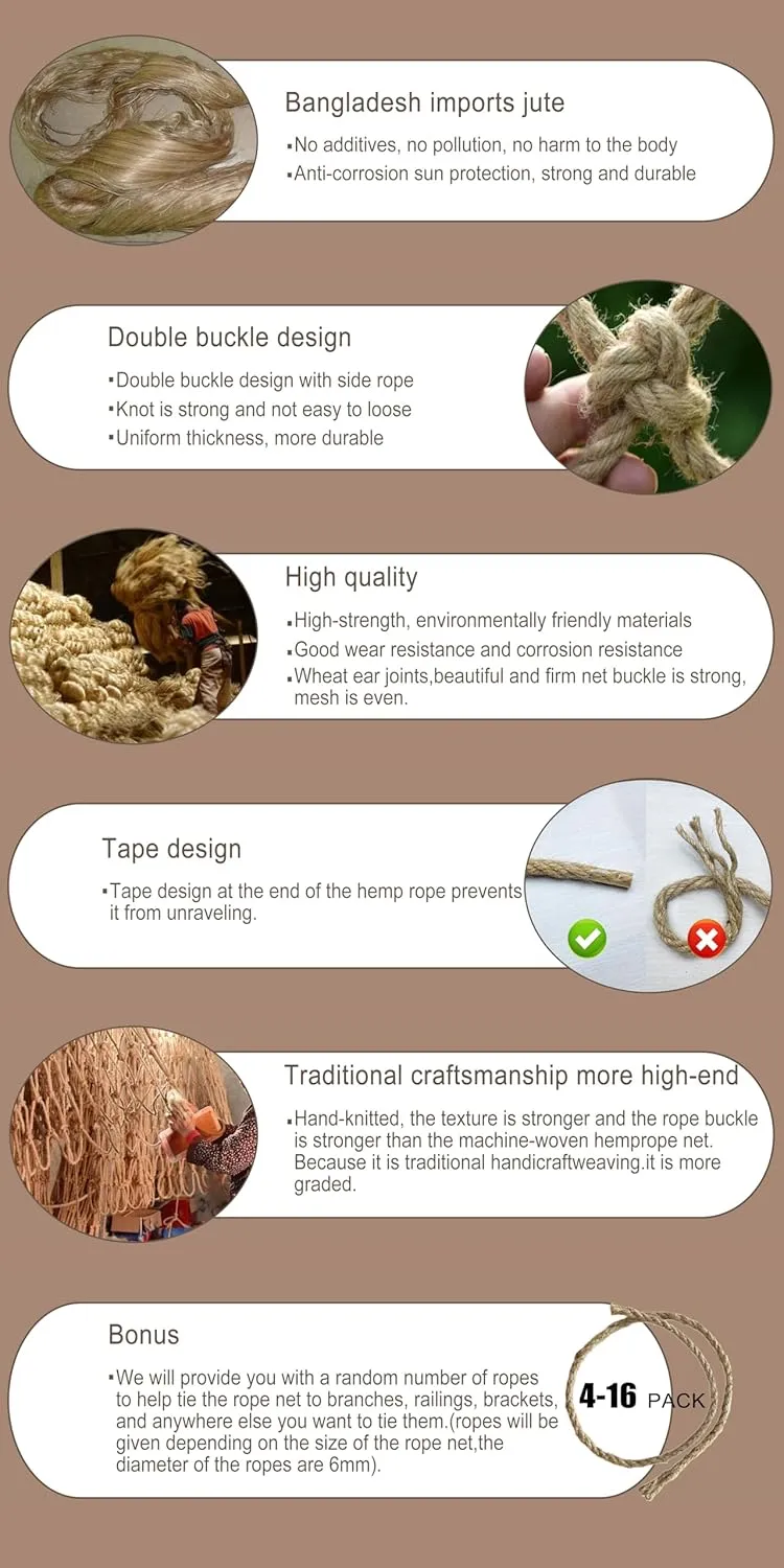 Safety Hemp Rope Net Kids Climbing Safety Net Tree House Climbing Children Rope Neting Balcony Stairs Fence Railing Garden Playground Protection Heavy Duty Net Indoor & Outdoor Decor Rope Net
