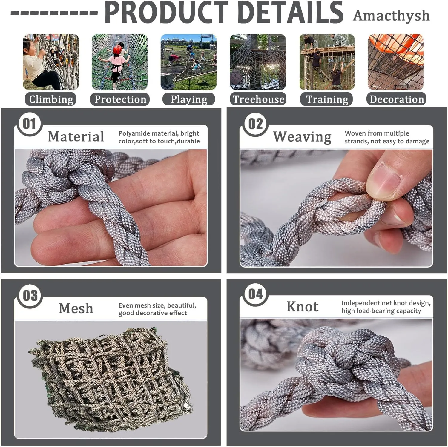 Safety Protective Net Heavy Duty Climbing Cargo Netting Rope Climbing Net Suitable for Playground Treehouse Protection Decoration Playing(Size:6.6 * 9.8ft)