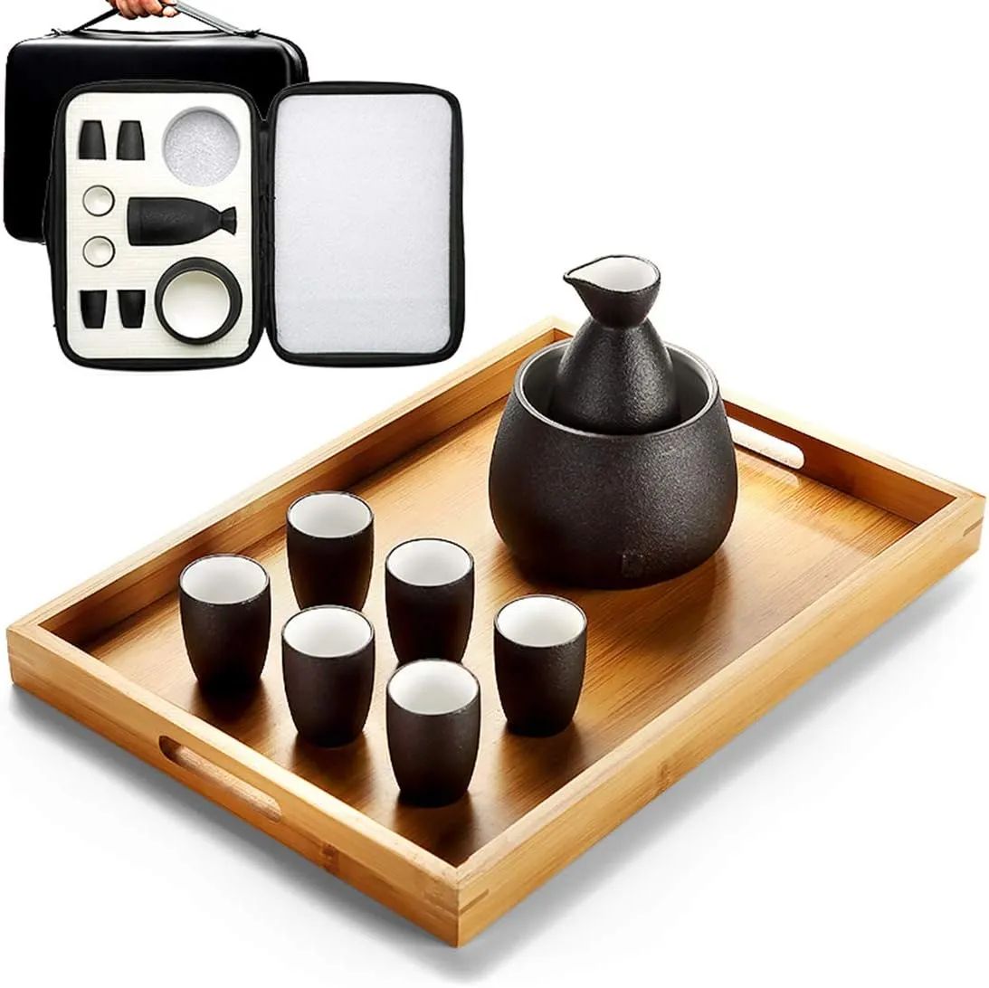 Sake Set, Saki Cups,Crafts Cup Ceramic Sake Set,Sake Set Japanese with Storage Bag Sake Cup Set 9 Pieces with Tray Traditional Porcelain Pottery Ceramic Cups Crafts Wine Glasses