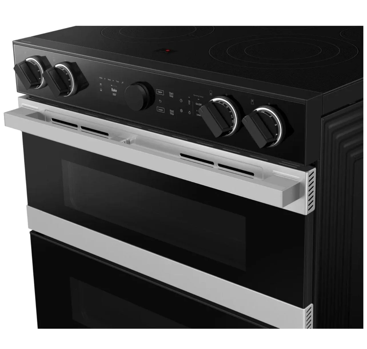 Samsung NSE6DG8550SRAC Electric Range, 30 inch Exterior Width, Self Clean, Convection, 5 Burners, 6.3 cu. ft. Capacity, Storage Drawer, Air Fry, 2 Ovens, Stainless Steel colour
