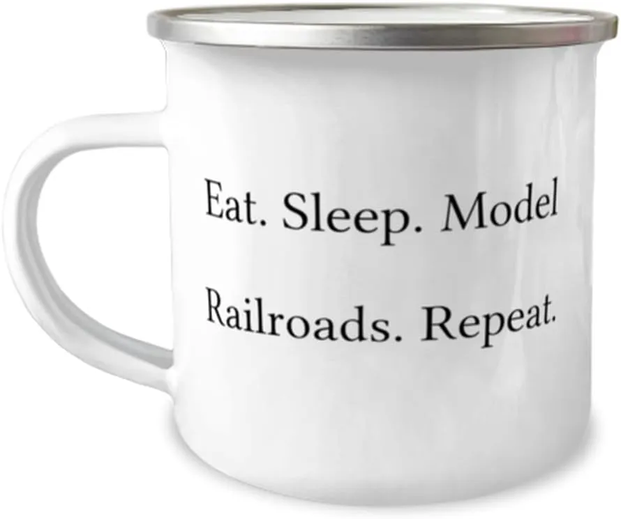 Sarcastic Model Railroads Gifts, Eat. Sleep. Model Railroads. Repeat, Gag 12oz Camper Mug For Friends, From Friends, Model trains, Train sets, Toy trains, Electric trains, train set, Ho scale trains,