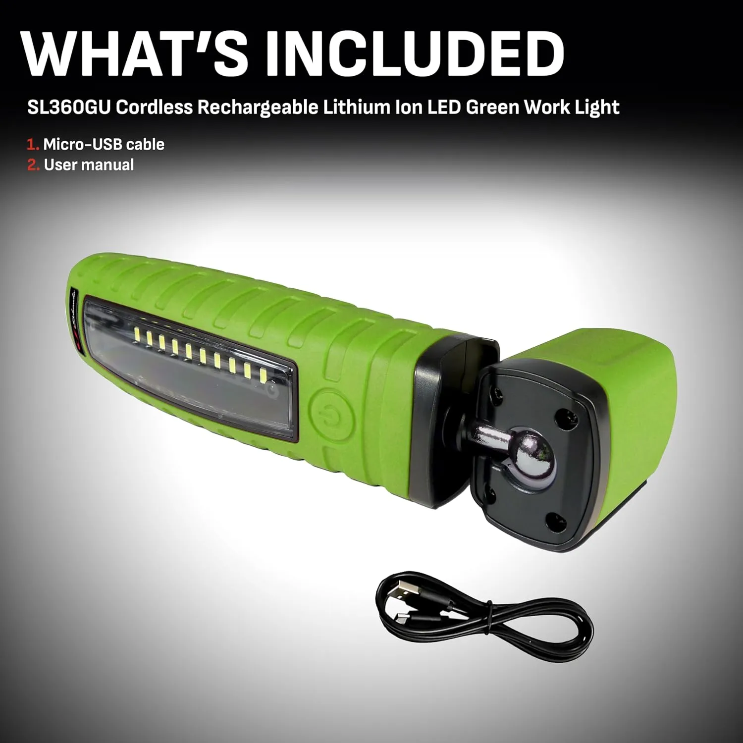 Schumacher Electric SL360GU Rechargeable Lithium Ion LED Work Light - Green - Cordless, 360-Degree Swivel, Multiple Lighting Options