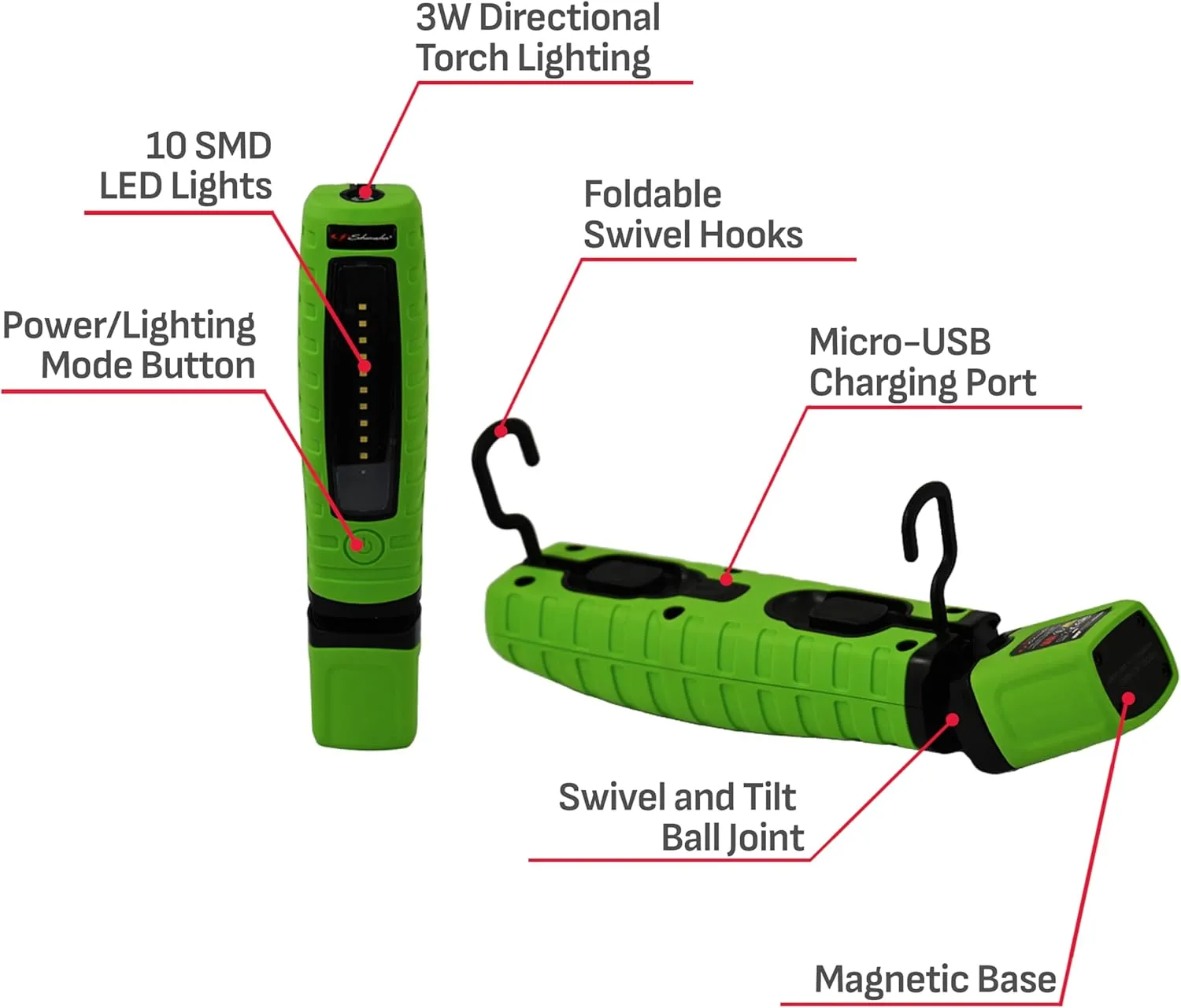 Schumacher Electric SL360GU Rechargeable Lithium Ion LED Work Light - Green - Cordless, 360-Degree Swivel, Multiple Lighting Options