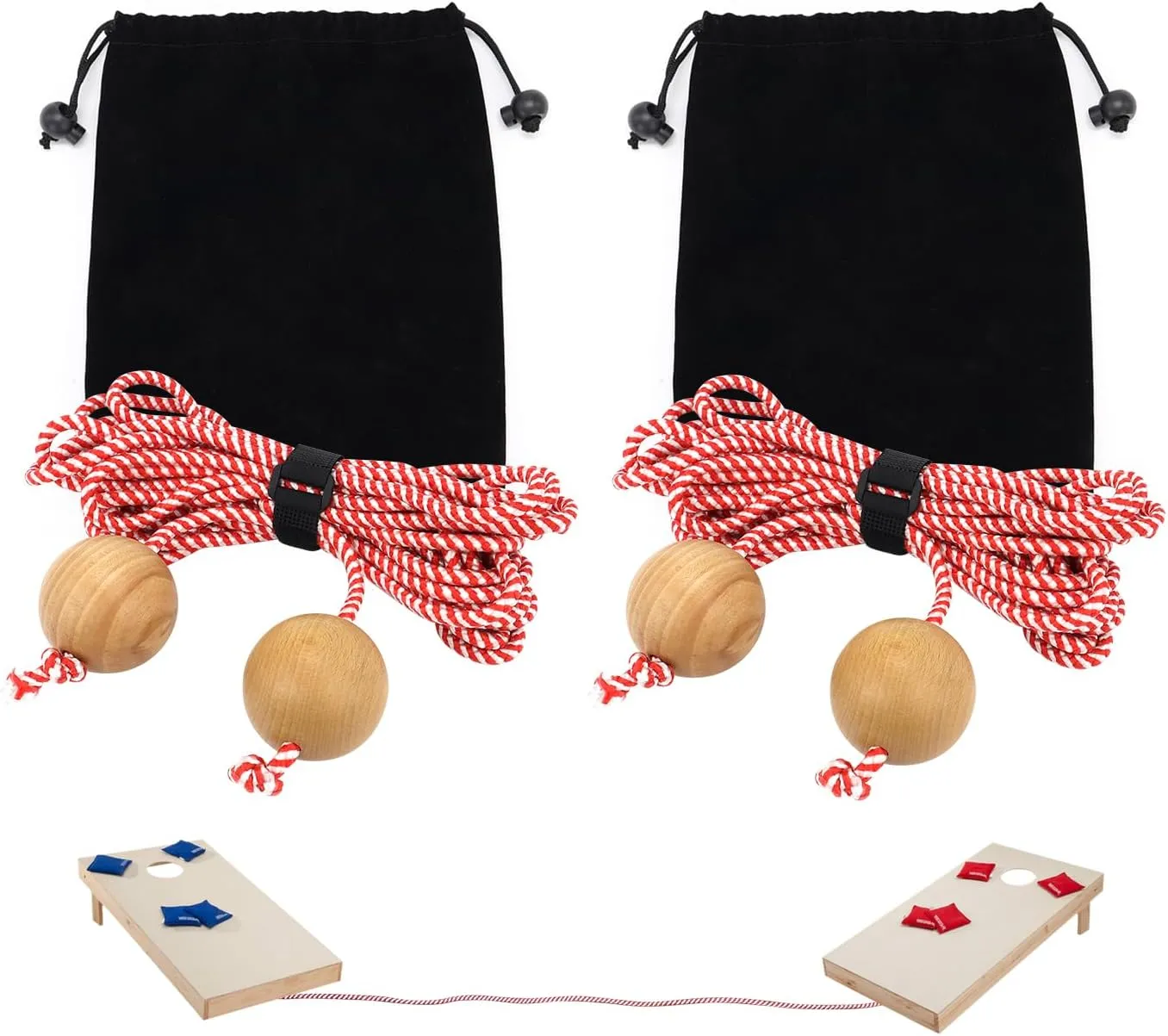 SCOTTCHEN Cornhole Game Measuring Device Cornhole Boards Distance Setup Tool 1/4in x 9.3 Rope with 2-1/2 in Wood Balls 2 Set