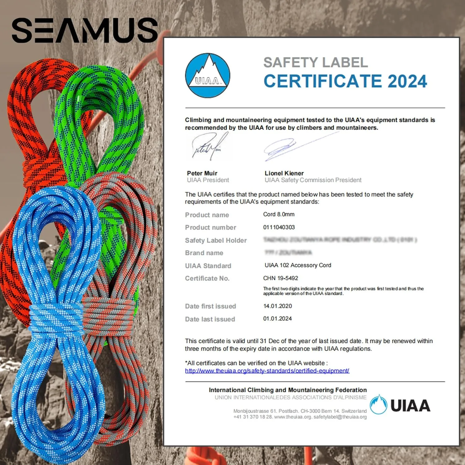 SEAMUS 8mm (5/16in) Prusik Accessory Cord 15M (50ft) UIAA Rock Climbing Rope 14Kn High Tensile Strength Rock Climbing Accessories Cord Double Braid Nylon Cord for Mountain Tree Climbing,Fire Rescue