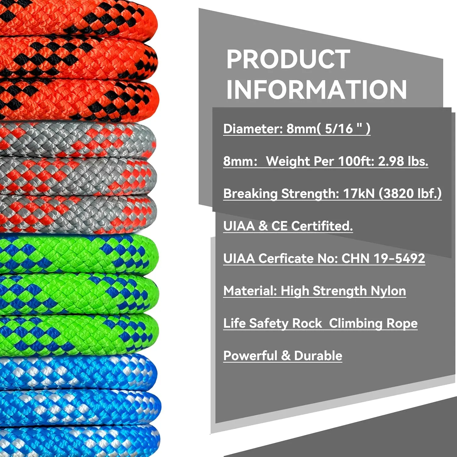 SEAMUS 8mm (5/16in) Prusik Accessory Cord 15M (50ft) UIAA Rock Climbing Rope 14Kn High Tensile Strength Rock Climbing Accessories Cord Double Braid Nylon Cord for Mountain Tree Climbing,Fire Rescue