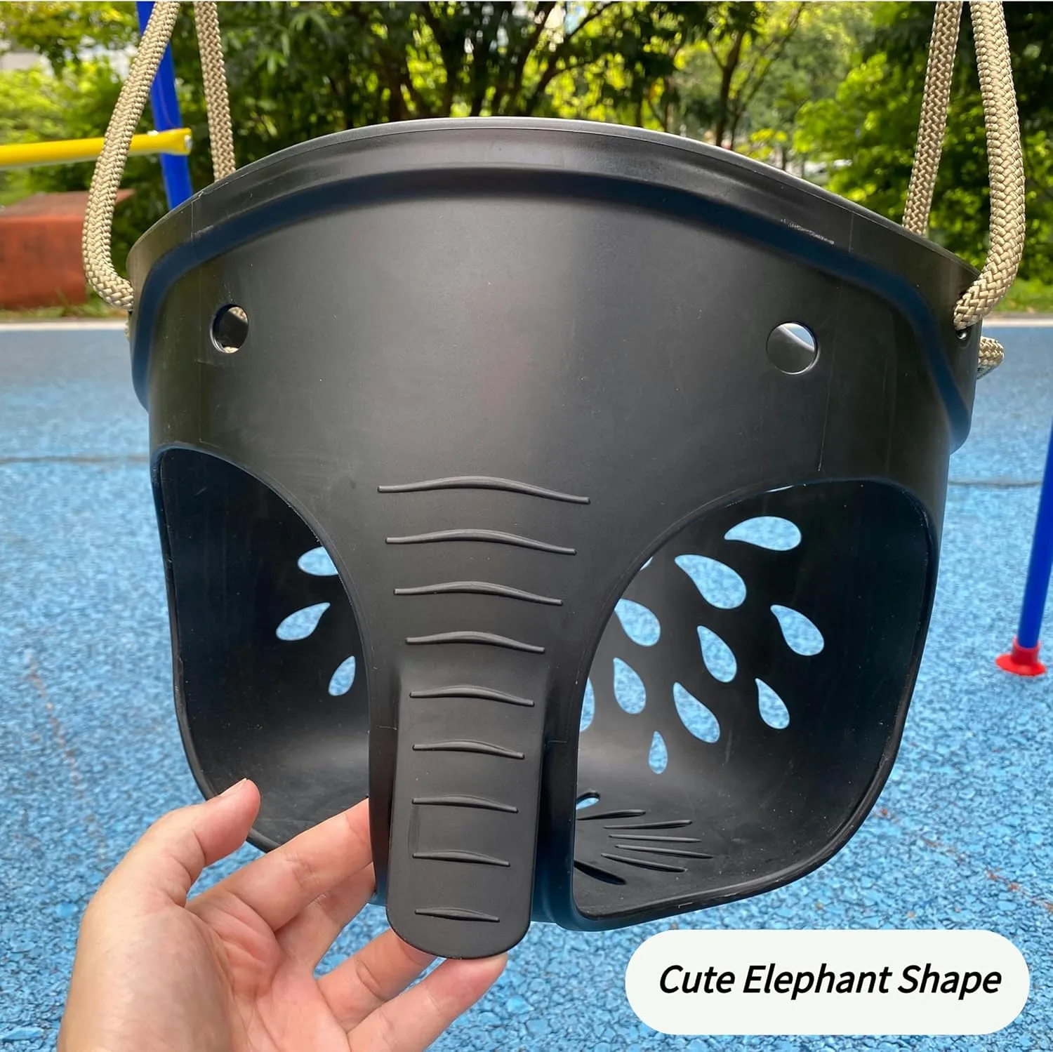 SELEWARE Heavy-Duty High Back Full Bucket Toddler Swing Seat with Locking Carabiners and Adjustable Rope, Cute Elephant Shape Design, 600LB Weight Limit (Bucket Swing, Black)