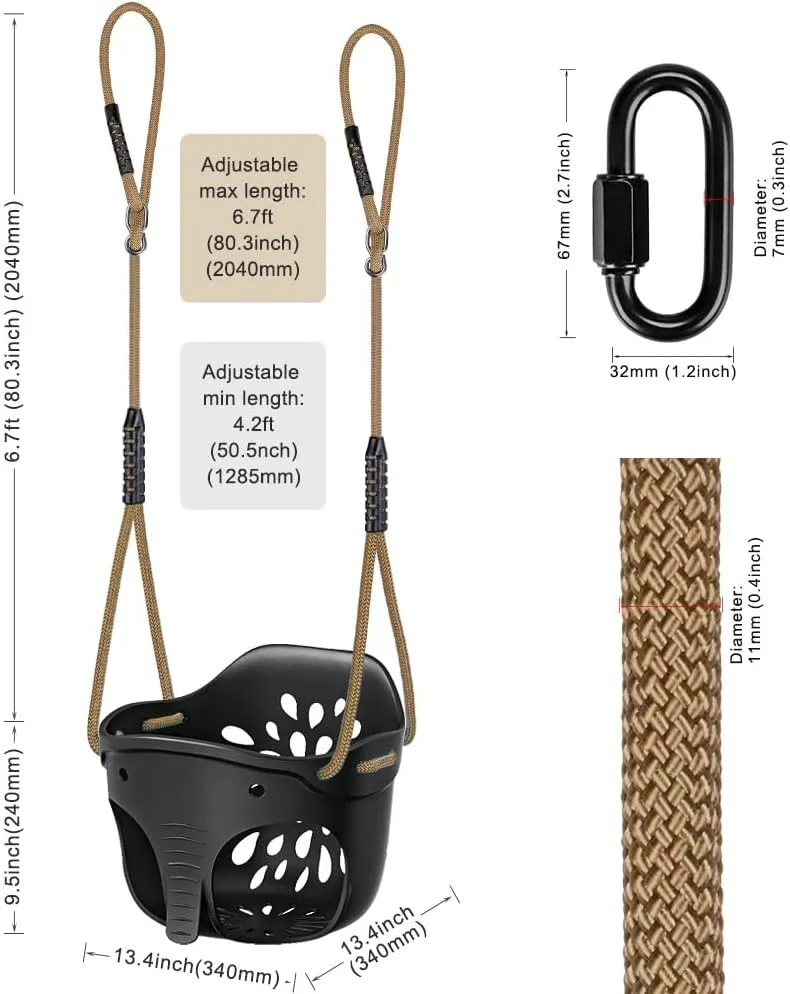 SELEWARE Heavy-Duty High Back Full Bucket Toddler Swing Seat with Locking Carabiners and Adjustable Rope, Cute Elephant Shape Design, 600LB Weight Limit (Bucket Swing, Black)