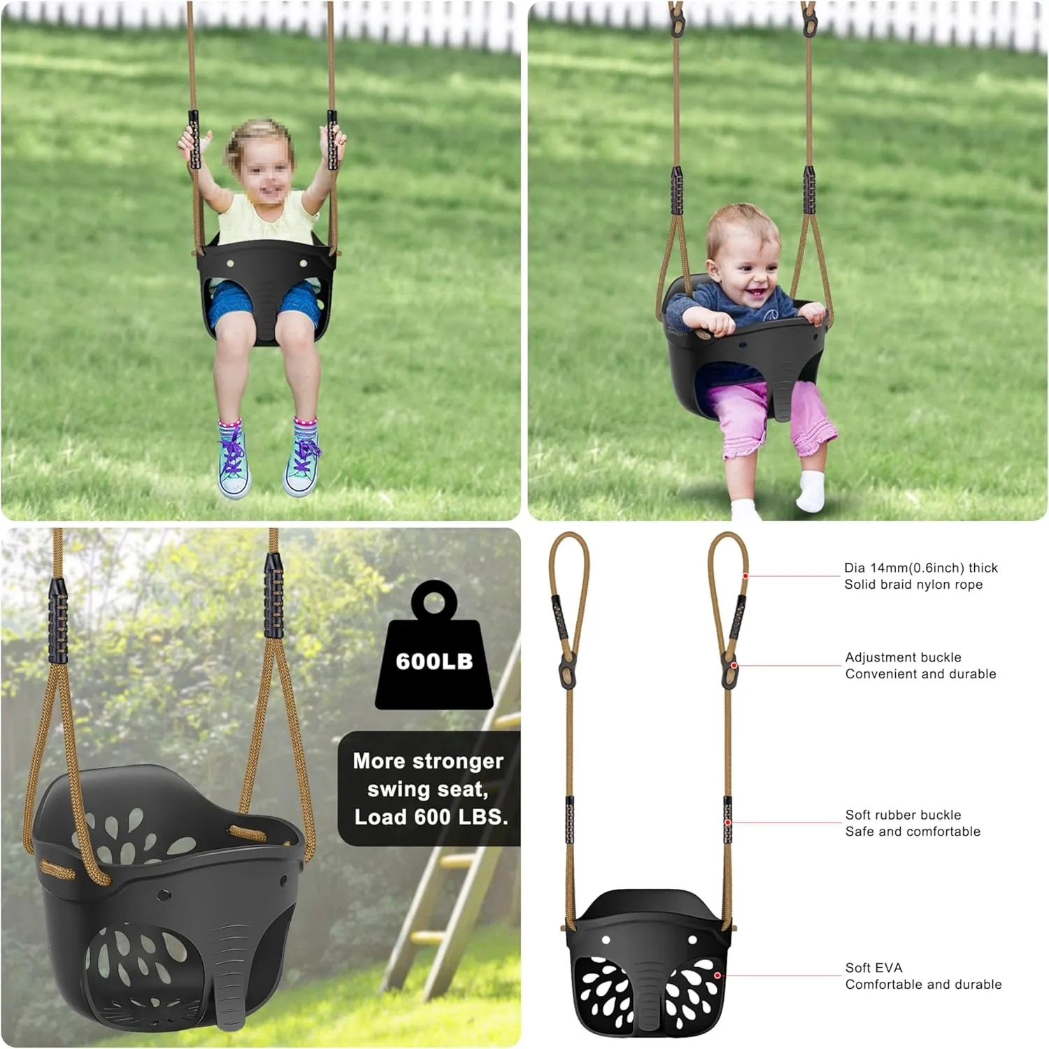 SELEWARE Heavy-Duty High Back Full Bucket Toddler Swing Seat with Locking Carabiners and Adjustable Rope, Cute Elephant Shape Design, 600LB Weight Limit (Bucket Swing, Black)