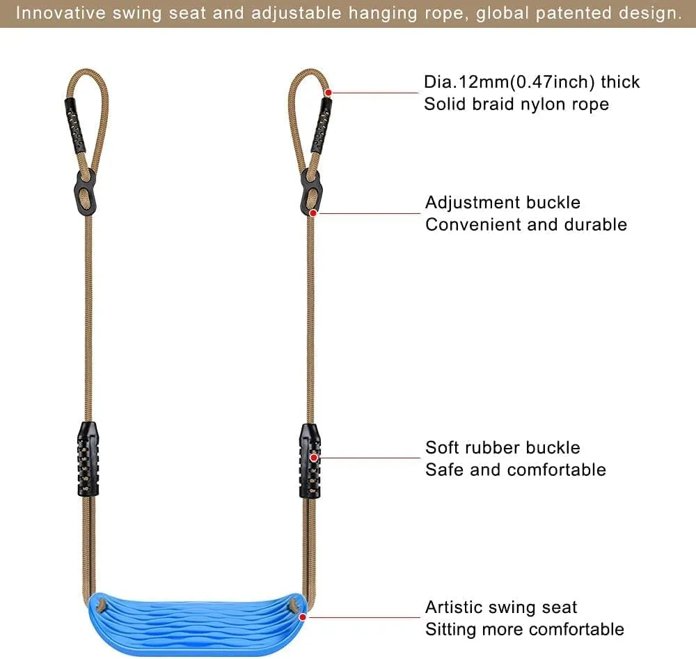 SELEWARE Non-Slip Plastic Swing Seat, Heavy Duty Tree Swing Set with Adjustable Rope & Carabiners for Kids & Adults, Outdoor/Indoor Playground Seat Replacement, Blue