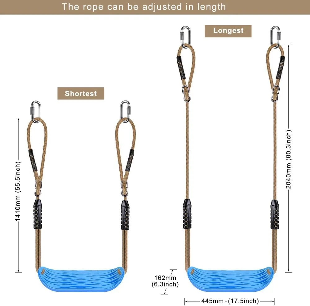 SELEWARE Non-Slip Plastic Swing Seat, Heavy Duty Tree Swing Set with Adjustable Rope & Carabiners for Kids & Adults, Outdoor/Indoor Playground Seat Replacement, Blue