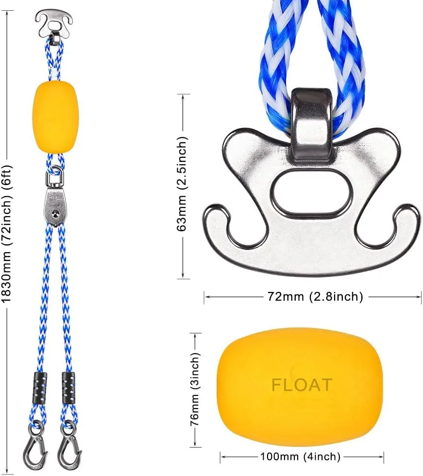 SELEWARE Self-Centering Boat Tow Harness for Tubing, Stainless Steel Quick Connector, Heavy Duty Floating Tow Rope for 1-4 Riders, Wakeboarding & Jet Ski