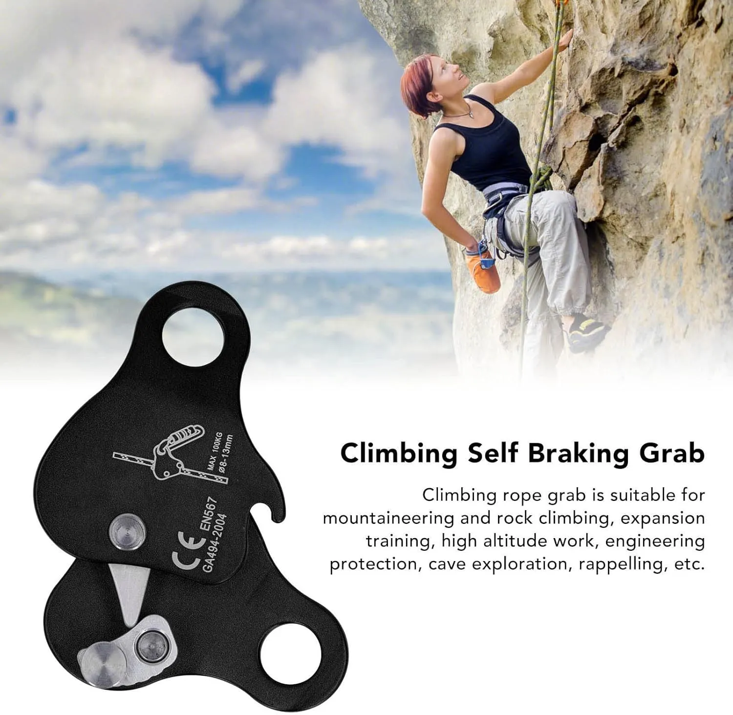 Self Locking Aluminum Alloy Climbing Rope Grab, High Strength Stopper for Outdoor Climbing Mountaineering, Suitable for 8 to 13mm Ropes (Black)