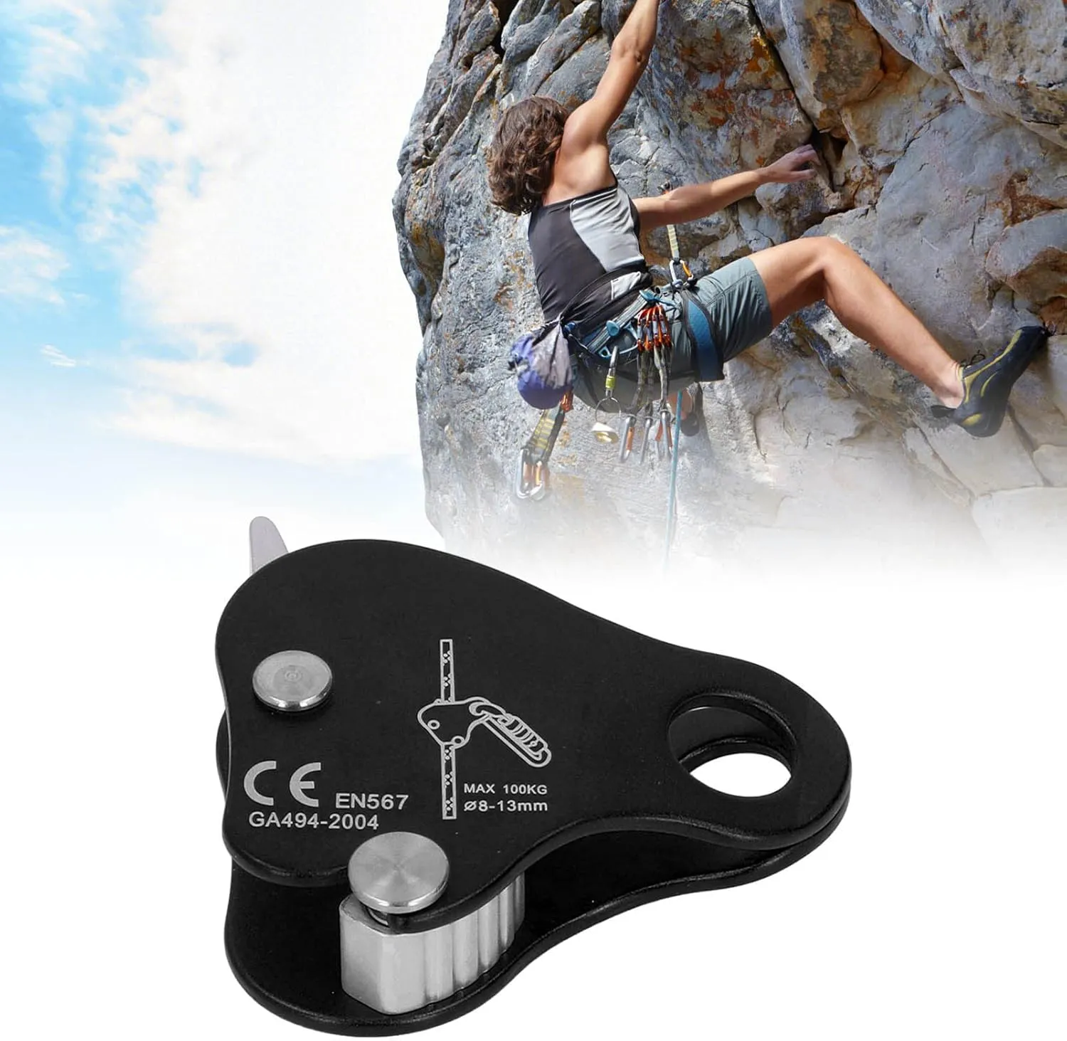 Self Locking Aluminum Alloy Climbing Rope Grab, High Strength Stopper for Outdoor Climbing Mountaineering, Suitable for 8 to 13mm Ropes (Black)