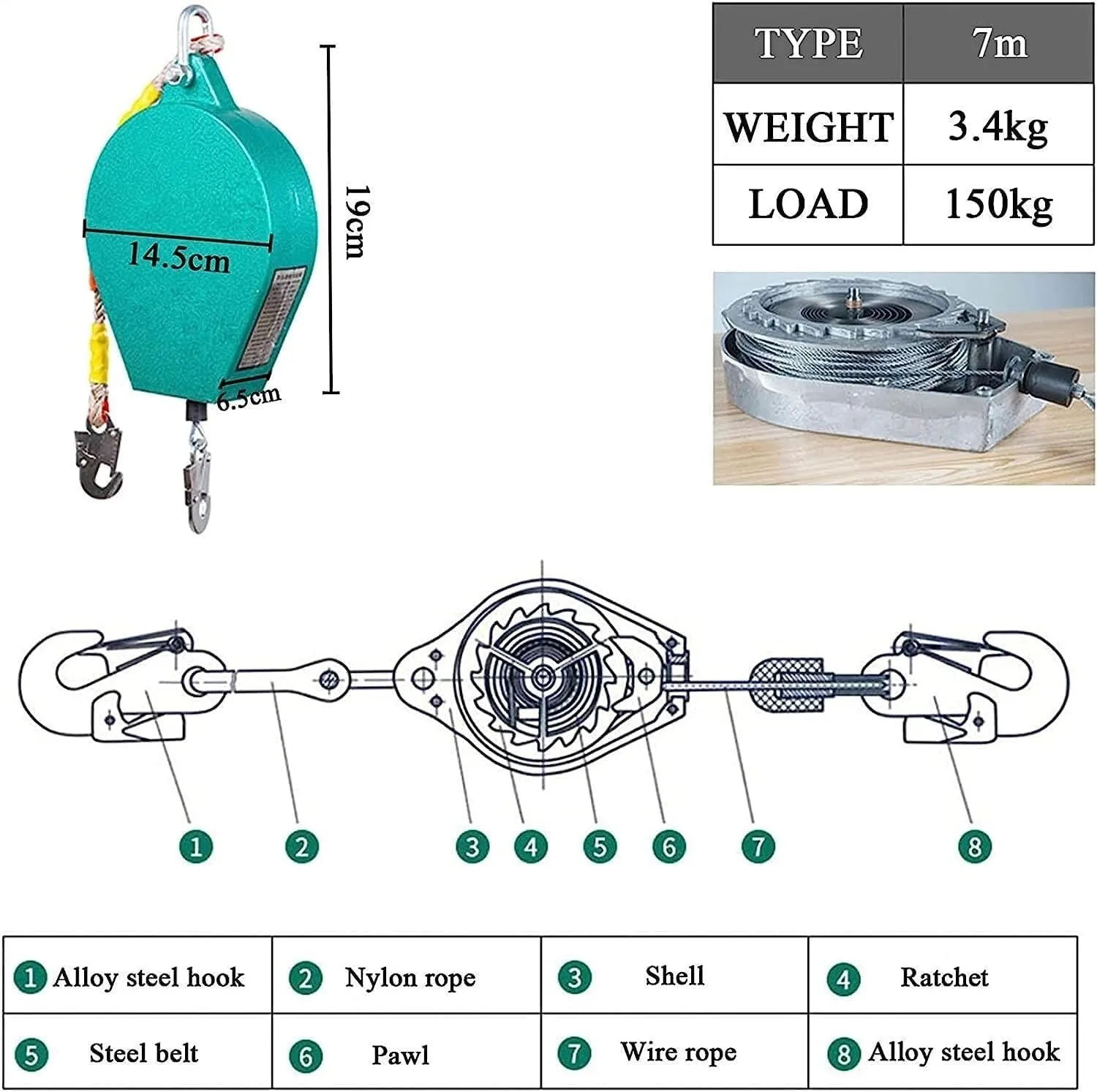 Self-Retracting Lifeline 330lbs Fall Arrester with Alloy Steel Hook and Steel Wire Rope, 2-Pack for Construction & Power Maintenance (5m)