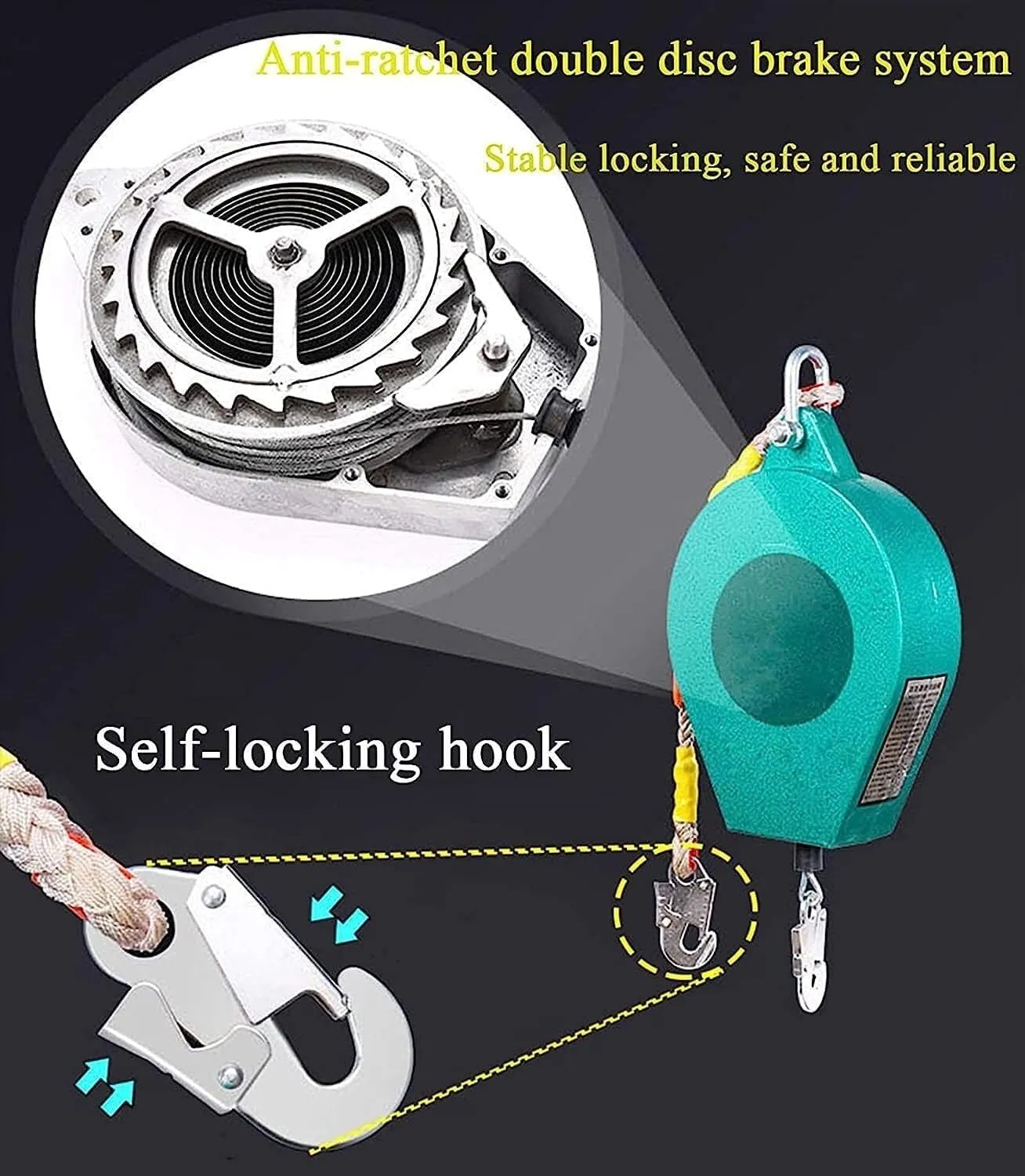 Self-Retracting Lifeline 330lbs Fall Arrester with Alloy Steel Hook and Steel Wire Rope, 2-Pack for Construction & Power Maintenance (5m)