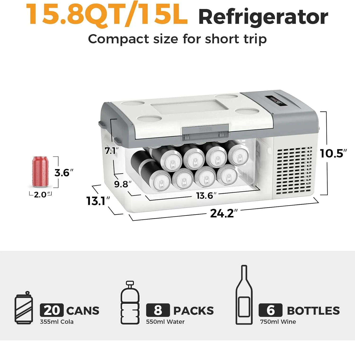 Setpower 12V Refrigerator Electric Coolers for Vehicles AC/DC, 15L/15.8QT Car Fridge Portable Freezer, Plug In Cooler, 12/24V DC & 110/240V AC for Truck RV SUV Travel Camping, White