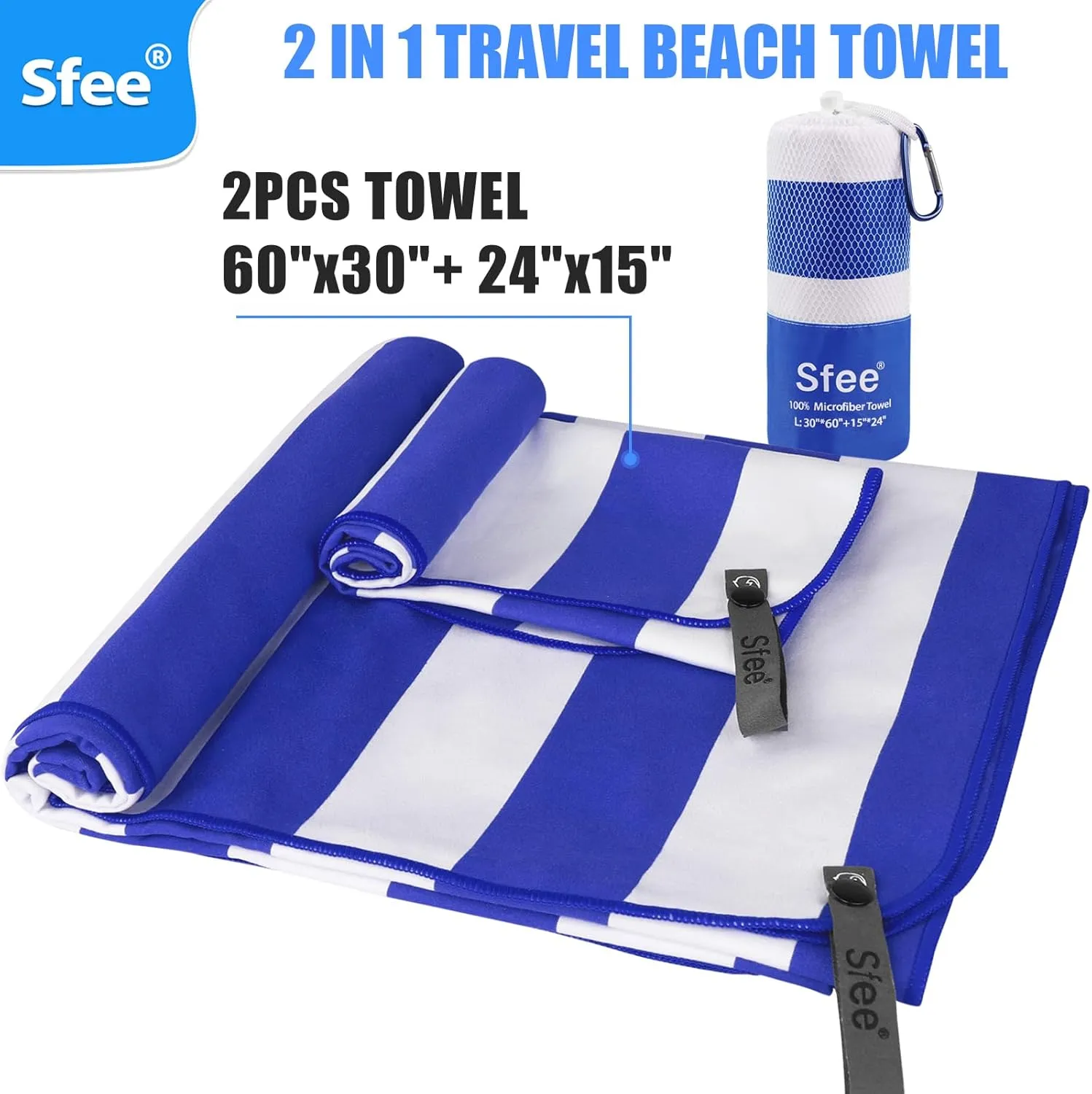 Sfee 2 in 1 Microfiber Beach Towel, Quick Dry Towel Travel Camping Towel Super Absorbent Compact Lightweight Sports Gym Towels Set for Beach, Gym, Hiking, Pool, Backpacking, Bath, Yoga