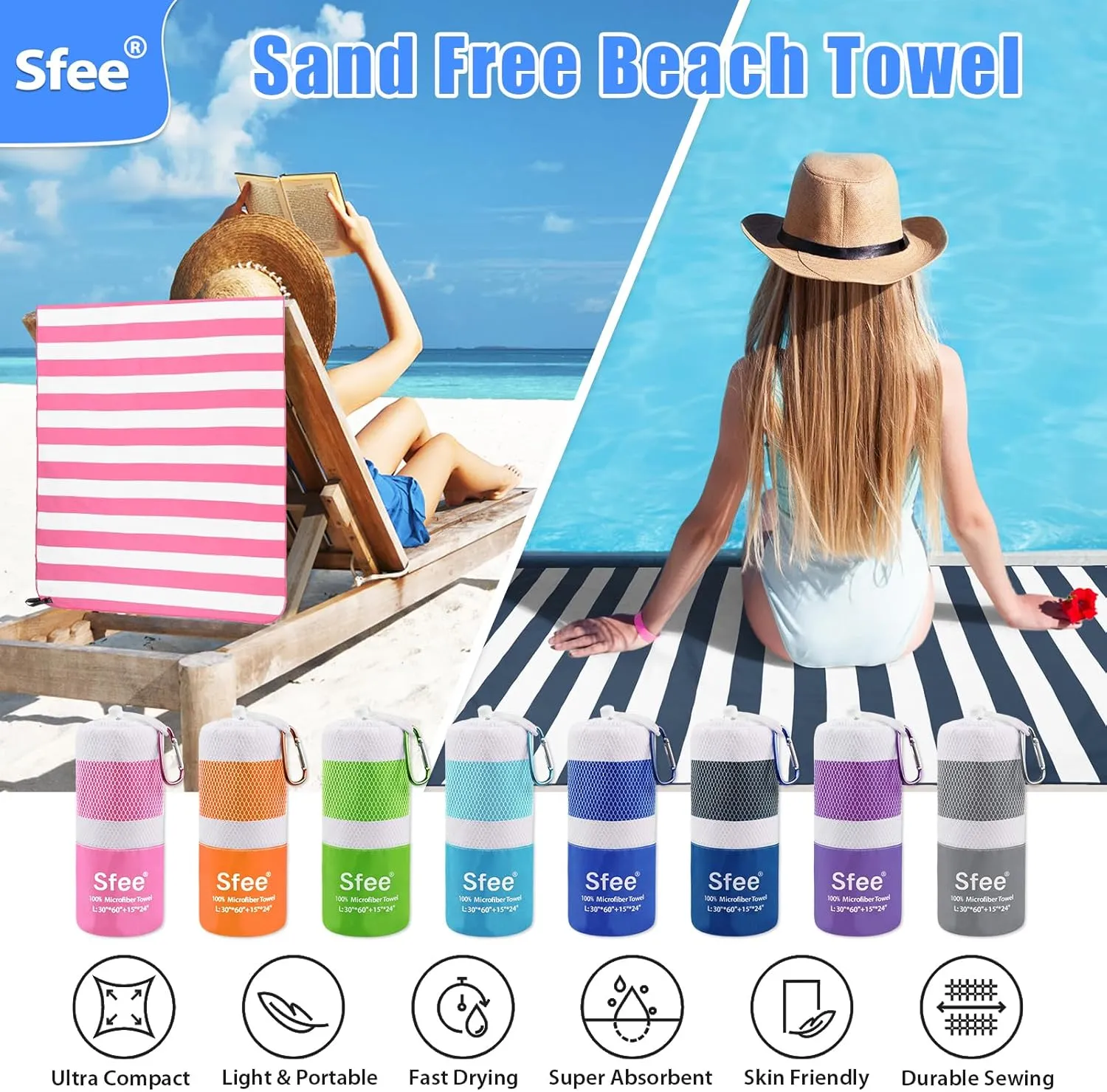 Sfee 2 in 1 Microfiber Beach Towel, Quick Dry Towel Travel Camping Towel Super Absorbent Compact Lightweight Sports Gym Towels Set for Beach, Gym, Hiking, Pool, Backpacking, Bath, Yoga