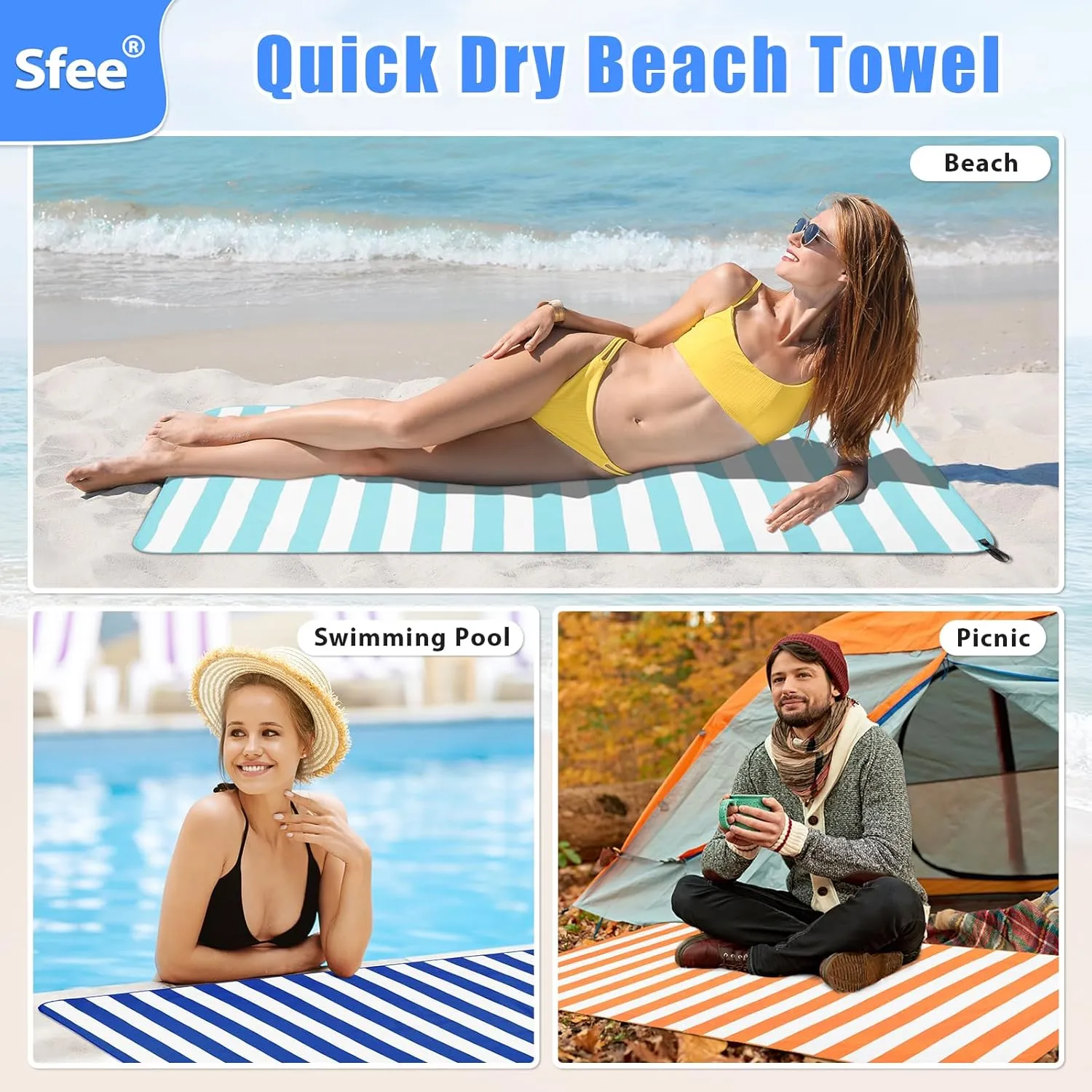Sfee 2 in 1 Microfiber Beach Towel, Quick Dry Towel Travel Camping Towel Super Absorbent Compact Lightweight Sports Gym Towels Set for Beach, Gym, Hiking, Pool, Backpacking, Bath, Yoga