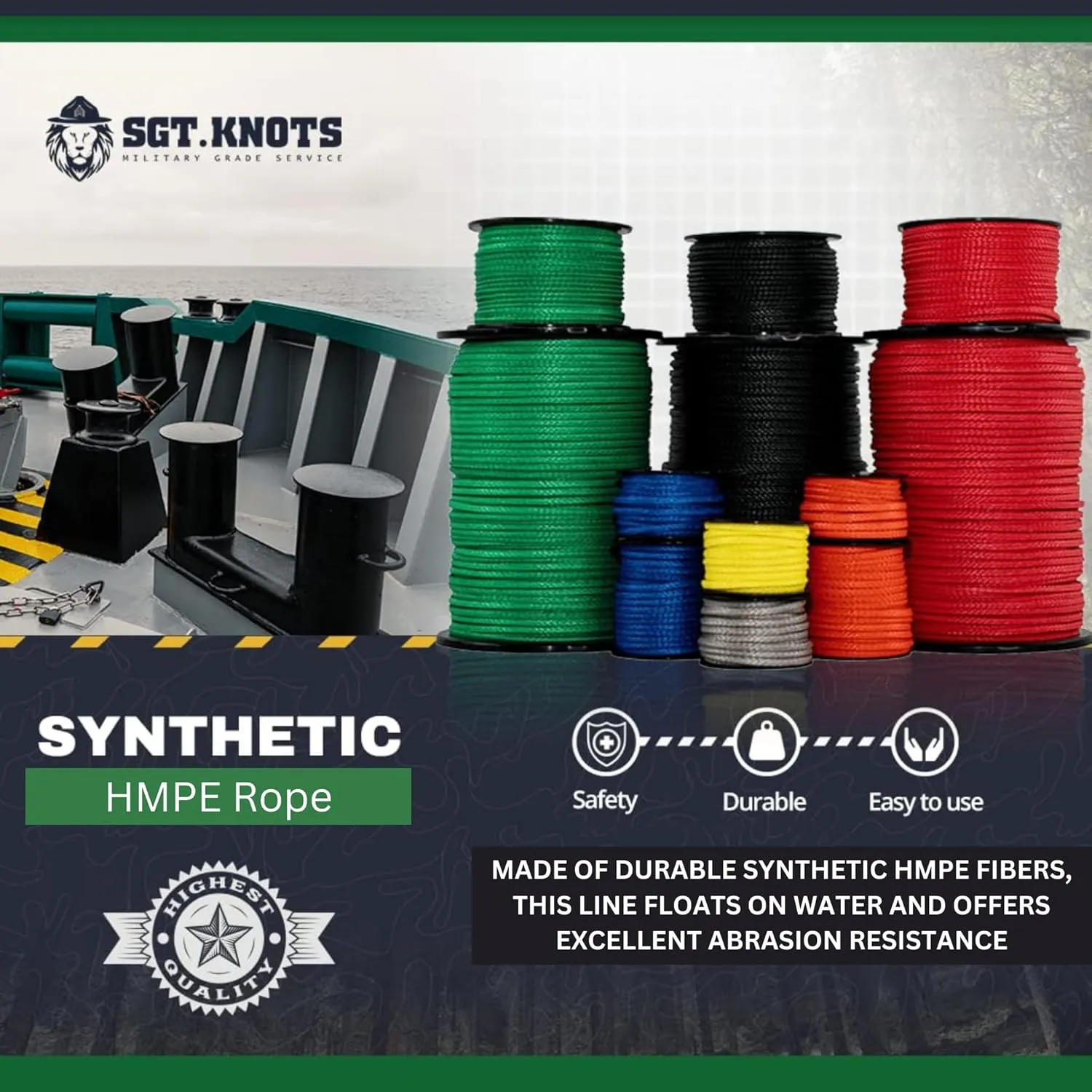 SGT KNOTS Hollow Braid HMPE Rope – Ultra-Strong, UV and Abrasion Resistant, High Strength-to-Weight Ratio, Lightweight for Arborists, Boating, Camping, Lifting, & Crafting (1/8", 50ft, Green)