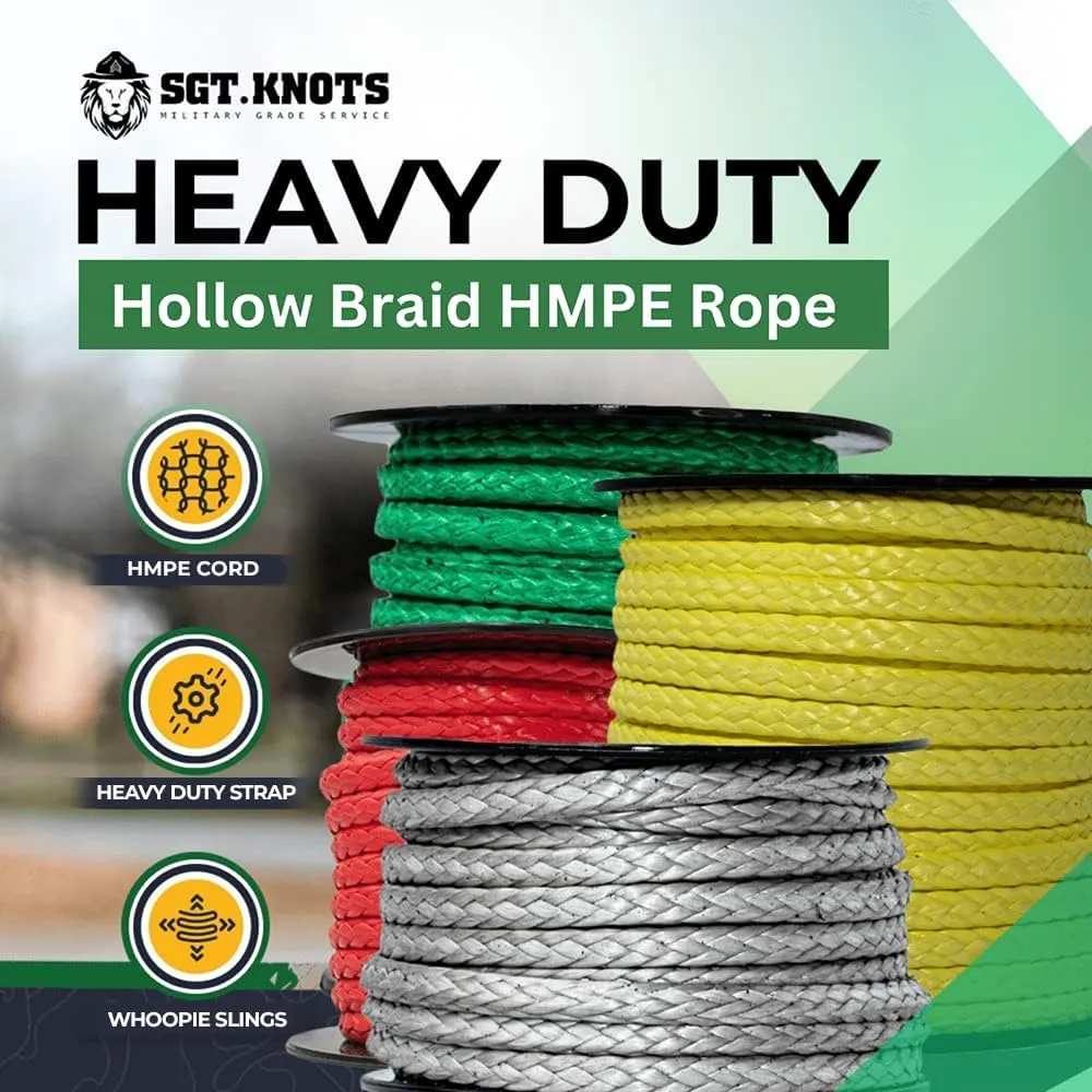 SGT KNOTS Hollow Braid HMPE Rope – Ultra-Strong, UV and Abrasion Resistant, High Strength-to-Weight Ratio, Lightweight for Arborists, Boating, Camping, Lifting, & Crafting (1/8", 50ft, Green)
