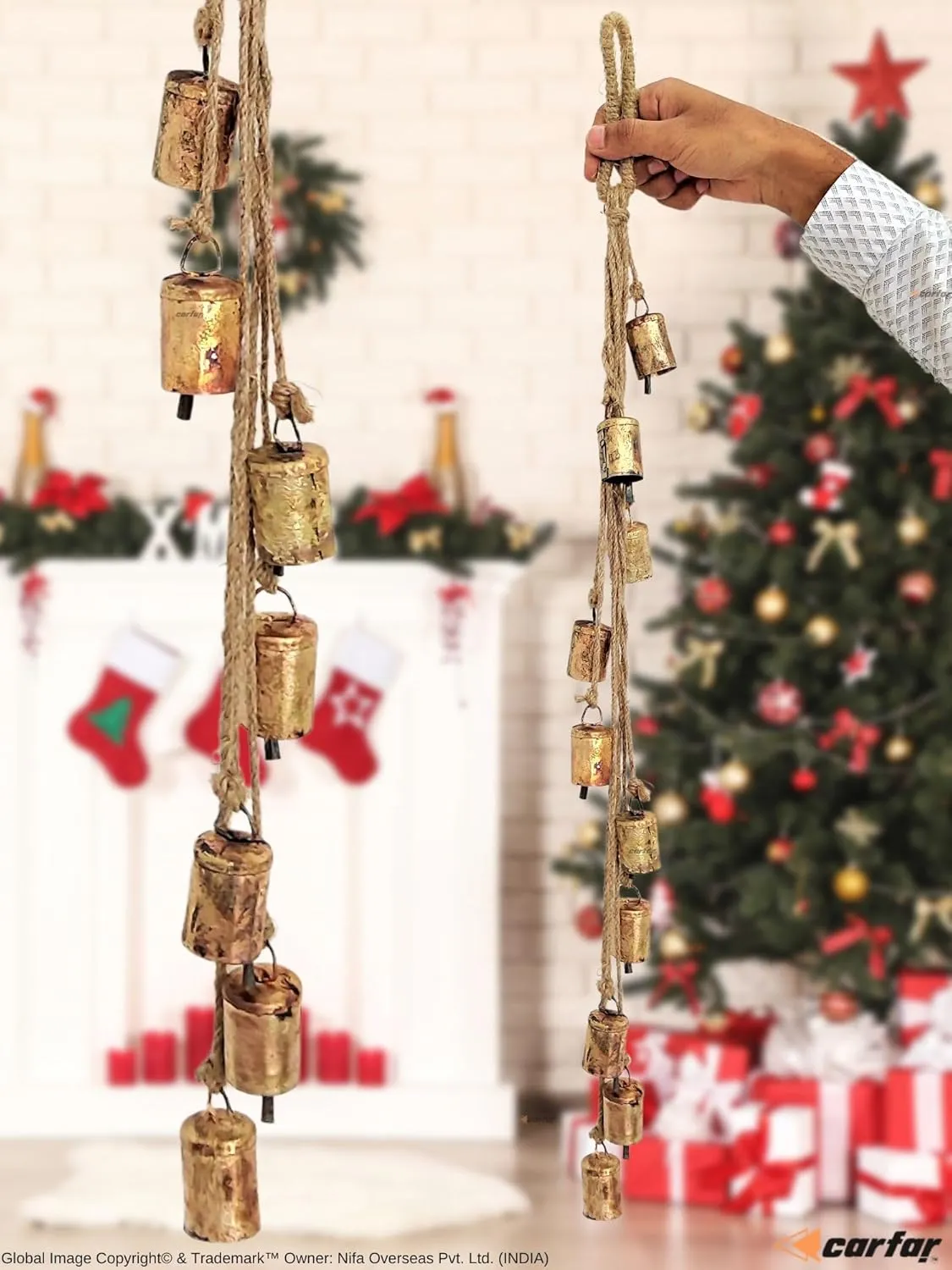 Shabby Chic Vintage Country Rustic Style Bells Cluster Hanging Handmade Metal Harmony Christmas Hanging Cow Bells on Jute Rope (1, Small Cylinder)