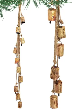 Shabby Chic Vintage Country Rustic Style Bells Cluster Hanging Handmade Metal Harmony Christmas Hanging Cow Bells on Jute Rope (1, Small Cylinder)