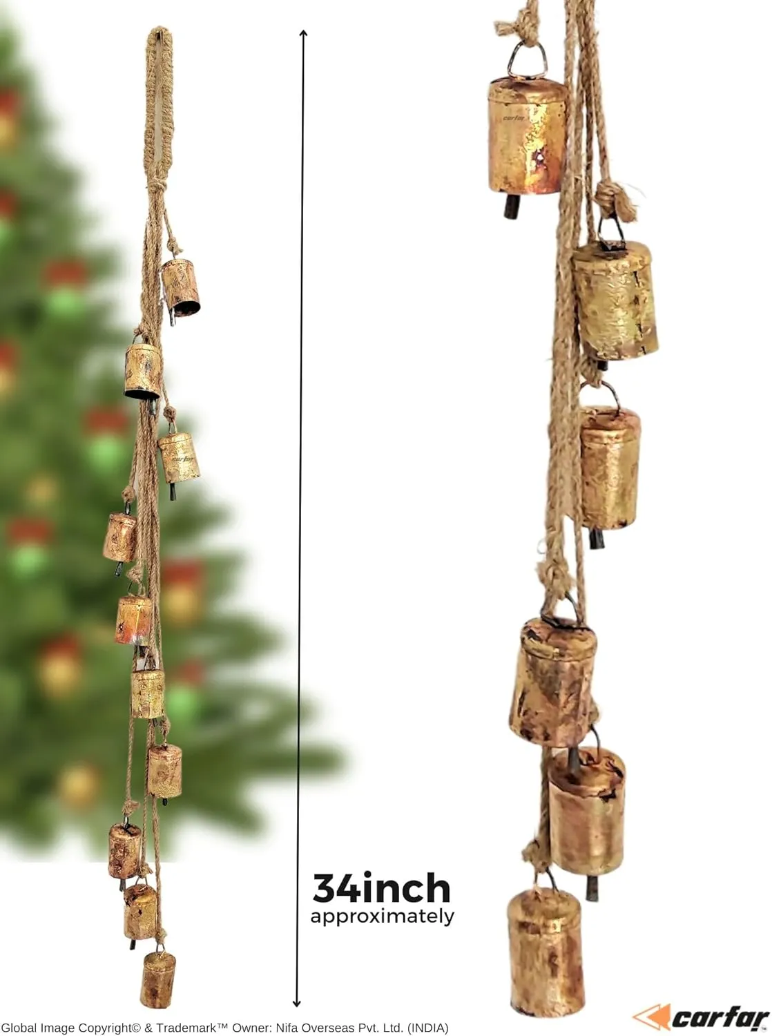 Shabby Chic Vintage Country Rustic Style Bells Cluster Hanging Handmade Metal Harmony Christmas Hanging Cow Bells on Jute Rope (1, Small Cylinder)