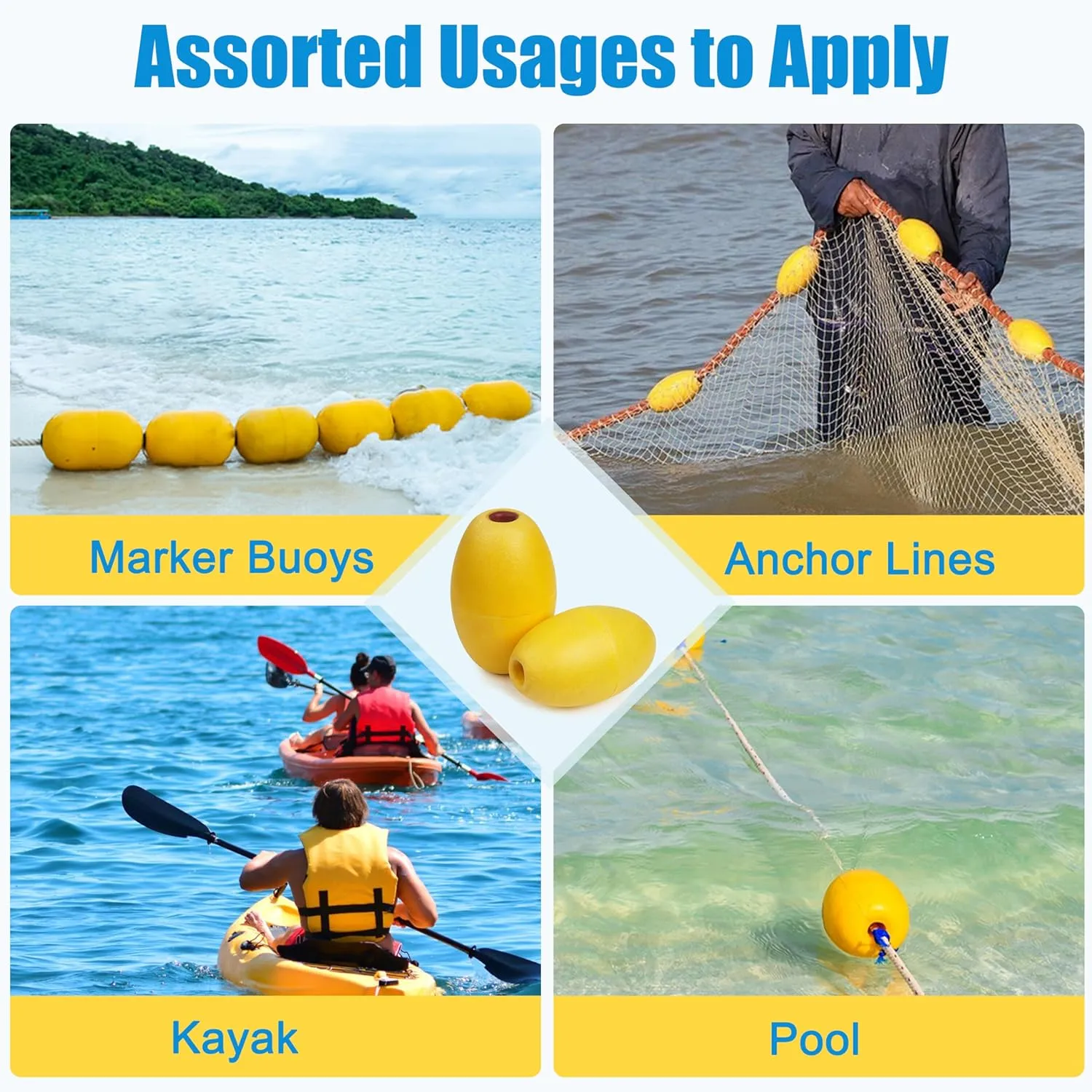 SILANON Rope Floats Marine Buoy Floats,4/6pcs Crab Trap Floats Buoy Fishing Marker Buoys Oval Water Floats Ski Rope Floats for Boats Pool Kayak Crabbing Trail Dock,Yellow