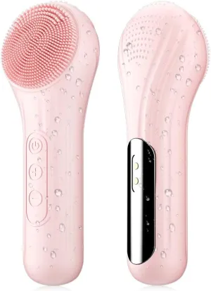 Silicone Face Scrubber, Facial Cleansing Brush with Heating and Vibration, Electric Waterproof Face Wash Brush with 5 Strength Adjustable for Exfoliating, Deep Cleaning, and Face Massaging (Pink)