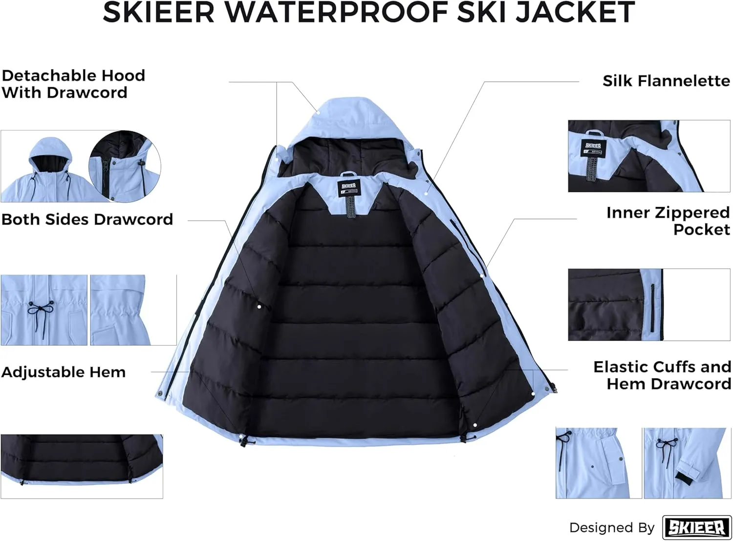Skieer Women's Waterproof Ski Jacket Hooded Fleece Winter Jacket Warm Snow Coat