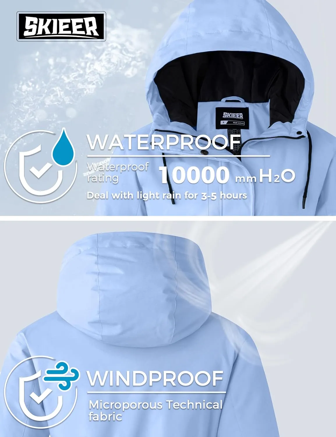 Skieer Women's Waterproof Ski Jacket Hooded Fleece Winter Jacket Warm Snow Coat