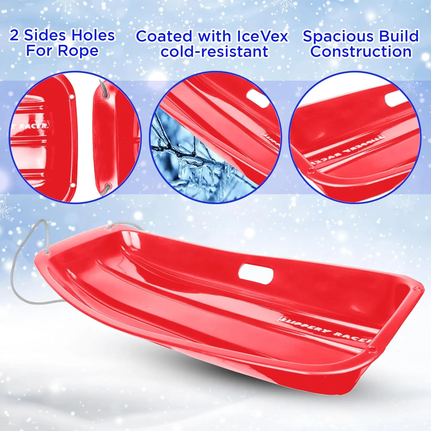 Slippery Racer Downhill Sprinter Flexible Kids Toddler Plastic Cold-Resistant Toboggan Snow Sled with Pull Rope and Handles -35 Inch