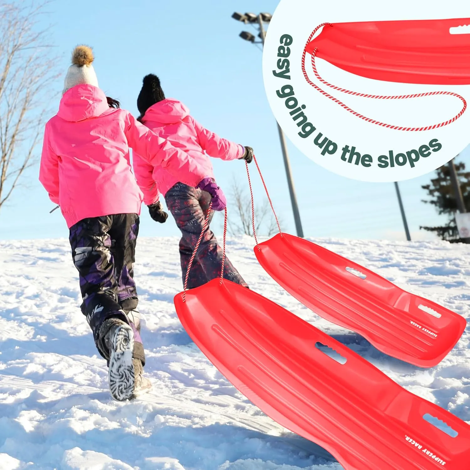 Slippery Racer Downhill Xtreme Flexible Adults and Kids Plastic Toboggan Snow Sled for up to 2 Riders with Pull Rope and Handles.