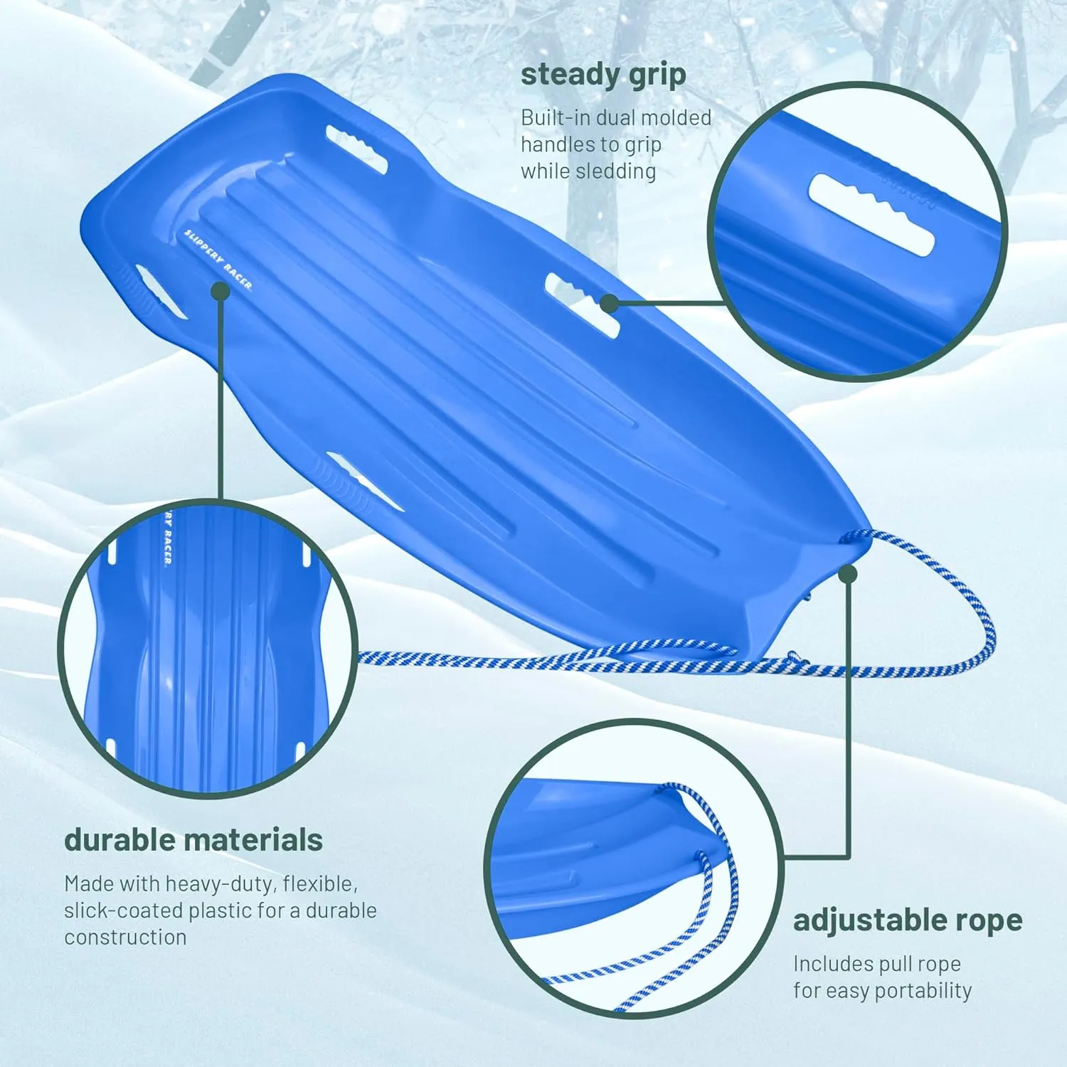 Slippery Racer Downhill Xtreme Flexible Adults and Kids Plastic Toboggan Snow Sled for up to 2 Riders with Pull Rope and Handles.
